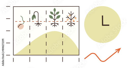 Growth chart showing seed sprouting, plant maturing, and decay alongside clock and upward trend. Ideal for growth, progress, sustainability, development, biology lifecycle tracking. Simple flat