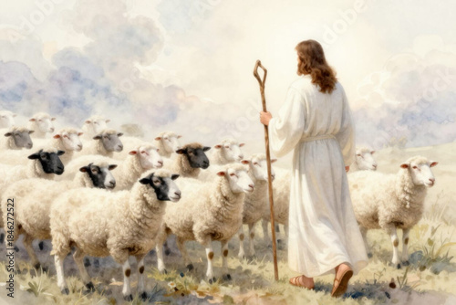 Biblical illustration of Jesus with his sheep, symbolizing faith, guidance, and divine care. Watercolor painting of Jesus Christ walking with sheep, ideal for religious and inspirational content
