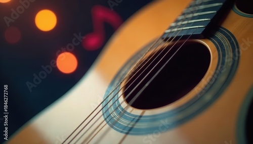 Close-up acoustic guitar, musical notes bokeh, instrument, vintage