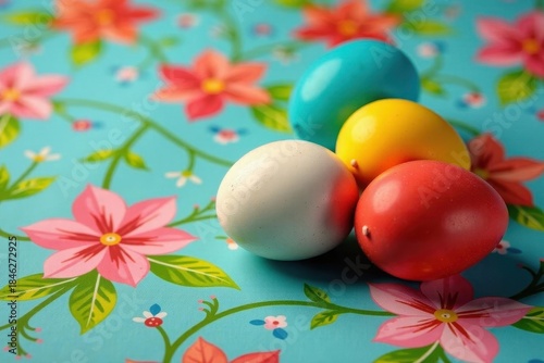 Close-up colorful eggs on vibrant floral pattern, decoration, dye, holiday