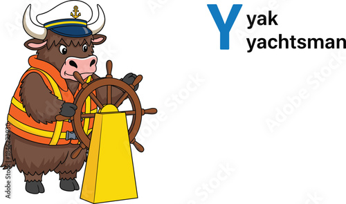 Cute cartoon Yak character dressed as a yachtsman or sailor wearing a captain's hat and orange life vest, steering a large wooden ship wheel, representing the letter Y.