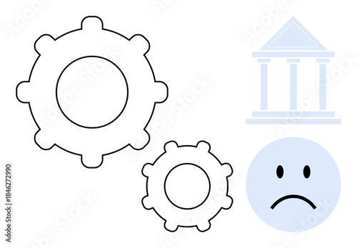 Financial system challenges. Gears and sad face with bank icon reflect financial system inefficiencies. Financial setbacks, innovation disruption, and structural issues in banking. Use for banking