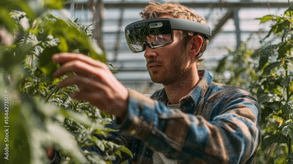 Fototapeta premium Farmer using augmented reality glasses to inspect crops in bright daylight for modern agriculture
