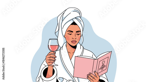 Woman in bathrobe and towel reading book and holding wine, relaxing at home