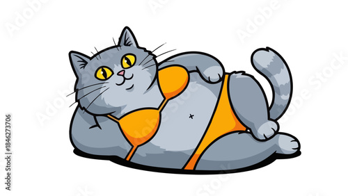 Funny Fat Gray Cat in Bikini Relaxing and Lounging on White Background
