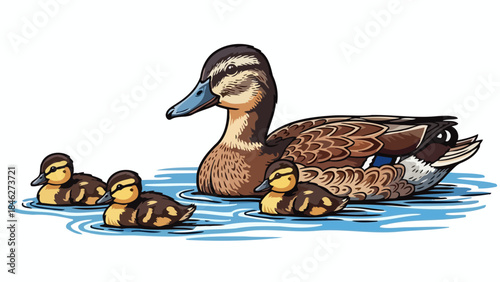 Mother Duck with Adorable Ducklings Swimming Together in Blue Water