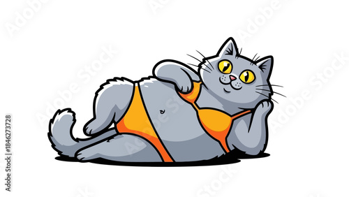 Playful Gray Cat in a Bright Orange Bikini Lounging and Posing Lazily