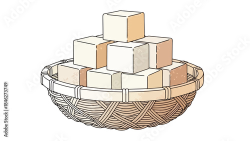 Basket of Tofu Cubes Arranged in Layers, Hand-Drawn Style Illustration