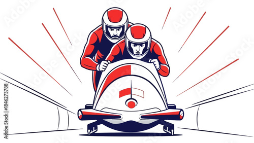 Two Bobsledders in a Sled Racing Downhill with Speed Lines