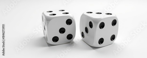 Close-up of two black-dotted dice on white background, photography, dots