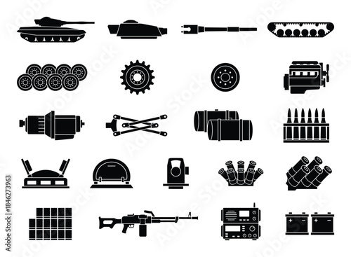 Tank Parts and Military Equipment Black Silhouettes Collection
