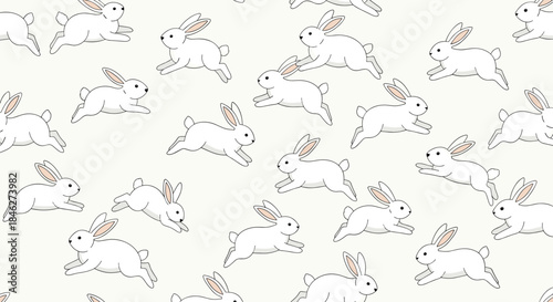 A delightful seamless pattern featuring numerous white bunnies hopping playfully across a soft, neutral background, perfect for textiles or digital designs.