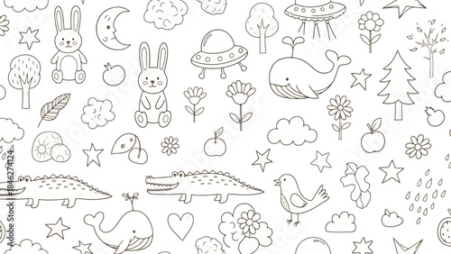 Cute Doodle Seamless Pattern with Whales, Bunnies, and UFOs on White Background