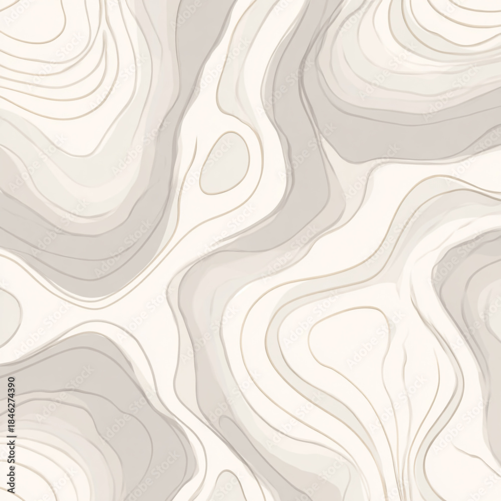 Fototapeta premium A seamless, flowing pattern of white topographic lines overlaid on soft, neutral, and earthy-toned, wave-like shapes, creating an abstract and serene texture. 