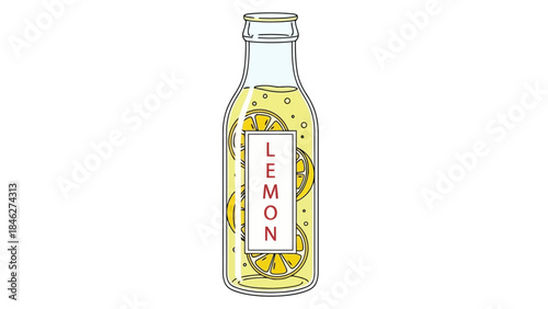 Refreshing Lemonade in a Glass Bottle with Slices and Bubbles, Clean Vector Art