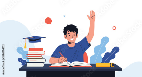 A happy student raises a hand while studying at a desk with books and a graduation cap, symbolizing learning and achievement.