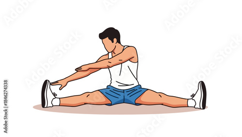 Man Performing Seated Hamstring Stretch, Split Leg Forward Reach Exercise