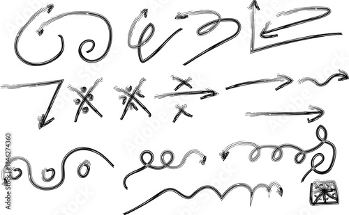 An image of a handwritten or drawn doodle page with various swirling patterns and arrows