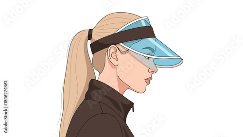 Woman with Blond Ponytail Wearing Blue Sun Visor and Jacket - Profile View