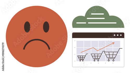 Sad face alongside a shopping cart sales graph and a cloud icon. Ideal for e-commerce, user experience, dissatisfaction analysis, business insights, customer feedback, consumer trends, simple flat
