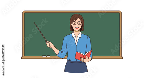 A friendly female teacher wearing glasses stands in front of a green chalkboard, holding a pointer and an open book, ready to educate.