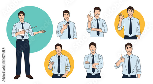 Confident young businessman in business casual attire showcases a range of positive gestures and presentation poses.