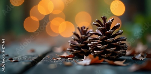 Close-up pine cones, glowing bokeh Festive, warm , glow, lights