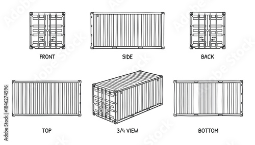 Technical Drawing of Shipping Container Views Front, Side, Back, Top, 3/4 Perspective, and Bottom
