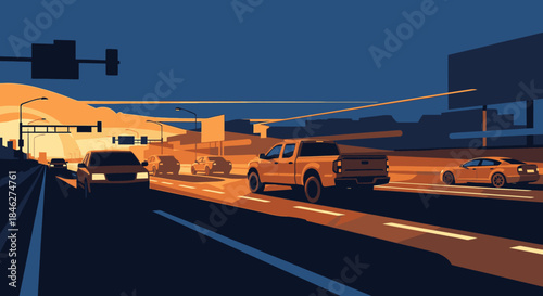 A modern flat design illustration captures the dynamic flow of urban traffic on a multi-lane highway at sunset, bathed in warm, golden light.