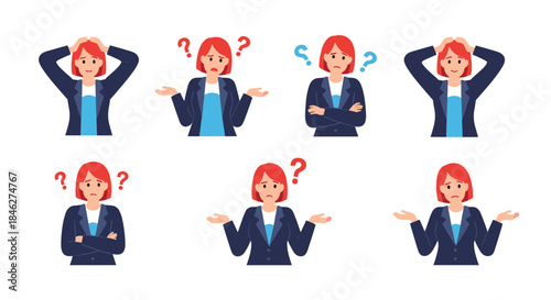 Illustrations of a businesswoman in various poses expressing confusion, doubt, and frustration, often accompanied by question marks.