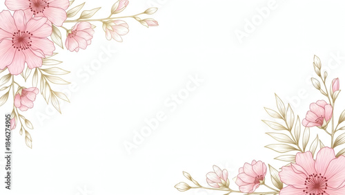 Spring floral in watercolor vector background. Luxury wallpaper design with pink flowers, line art, golden texture. Elegant gold blossom flowers illustration suitable for fabric, prints, cover.