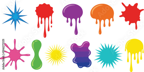 Color ink blots. Colorful paint splatters and drips in organic splashes. Bright, playful, bold abstract graffiti spots for kids art blobs, comics, pop art design. Vector isolated set