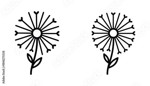 Two Simple Dandelion Flowers Black Line Art on White Background, Vector Illustration
