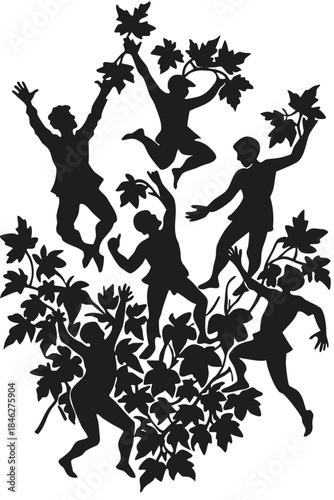 A joyful group of dancing figures celebrating amidst foliage in a silhouette illustration