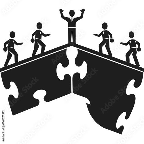 A team leader unites two separate groups on puzzle pieces, symbolizing connection and problem-solving