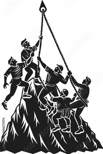 Five climbers working together to reach the summit of a challenging mountain illustration