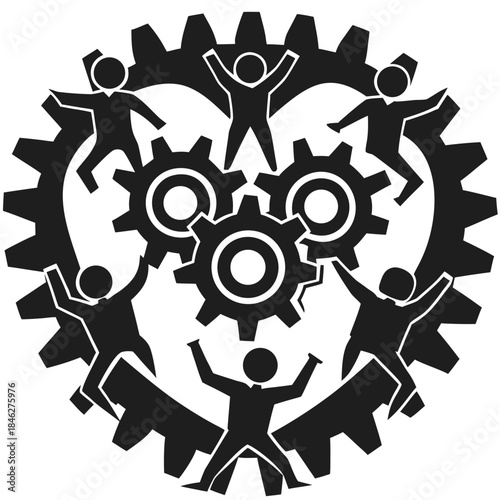 Teamwork and collaboration in a mechanical gear system silhouette design.
