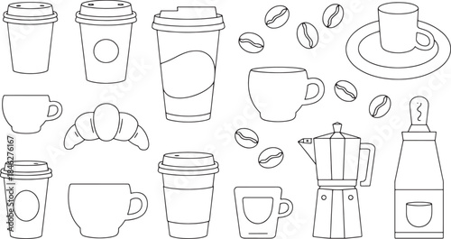 Collection of coffee shop items including cups mugs coffee beans croissant and moka pot coffee cup