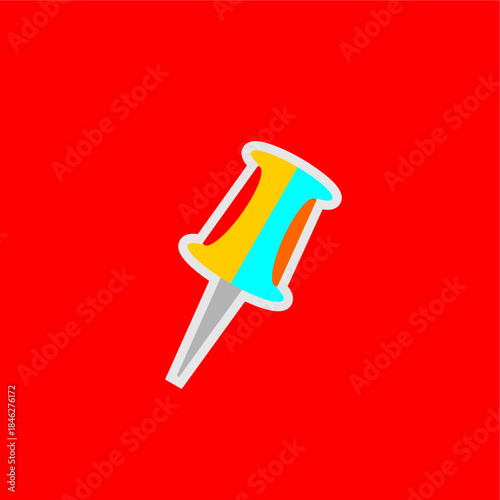 Push pin icon illustration. Vector illustration of push pin symbol. Push pin with shadow isolated on red background. Push pin icon design vector.	
