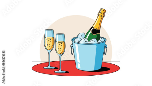 Champagne Celebration: Two Glasses and Bottle in Ice Bucket on Red Mat