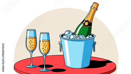 Champagne Bottle and Glasses Ready for Celebration on Red Table