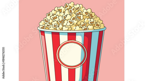 Classic Red and Blue Striped Popcorn Tub Filled to the Brim with Popcorn