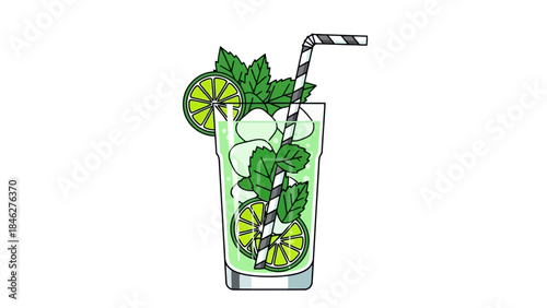 Refreshing Mojito Cocktail with Lime Slices and Mint Leaves, Vector Illustration