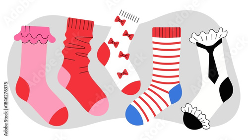 Collection of Whimsical Socks with Bows, Stripes, and Frills, Vector Art