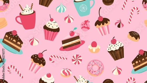 Foto Delicious Desserts and Sweets Seamless Pattern on Pink Background