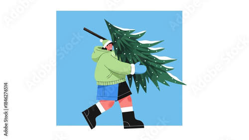 Stylized Person Carrying a Christmas Tree in a Snowy Outdoor Scene