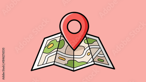 Stylized Vector Illustration of a Folded Map with a Red Location Pin Marker