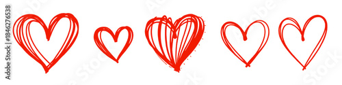 Set of hand drawn red heart outlines with sketch and doodle style strokes representing love romance and Valentine’s Day isolated on white background.