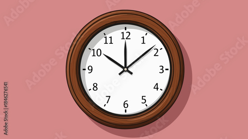 Classic analog wall clock with wooden frame showing 10:10 time on a pink background