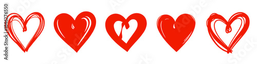 Collection of red heart shapes in hand drawn outline and solid styles representing love romance and Valentine themes isolated on white background.
